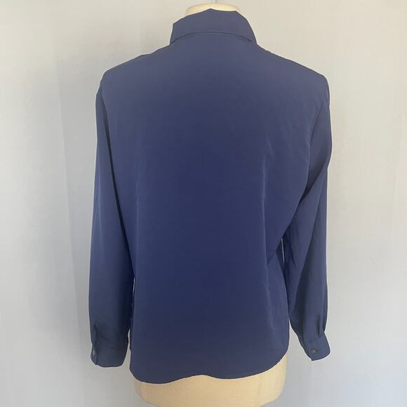 Vintage Blouse Top Size Small Blue Solid Long Sleeve Button Minimalist Office - Picture 8 of 13